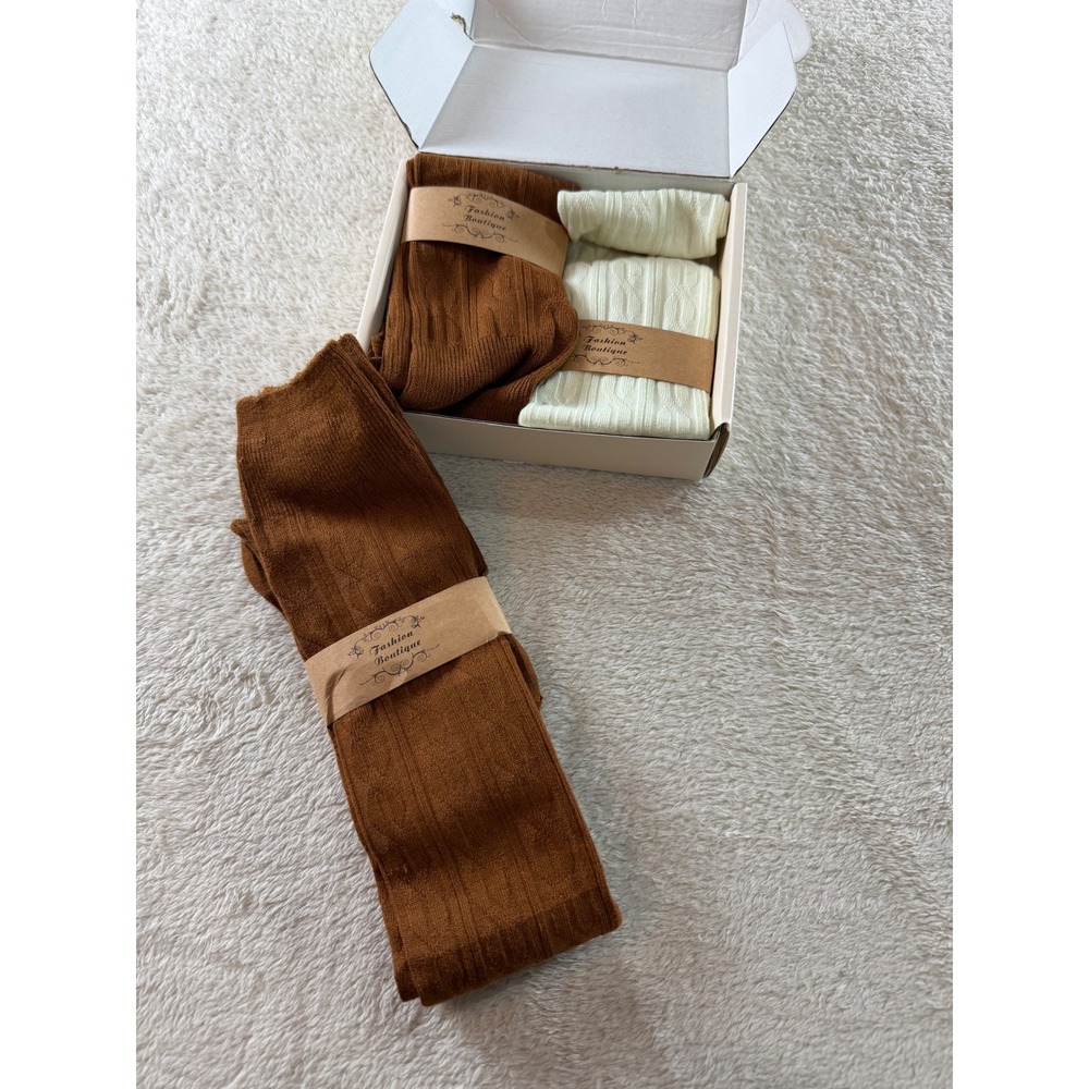 Fashion Boutique 3 Pack Cable Knit Over Knee High Socks Brown Cream Ribbed 12in